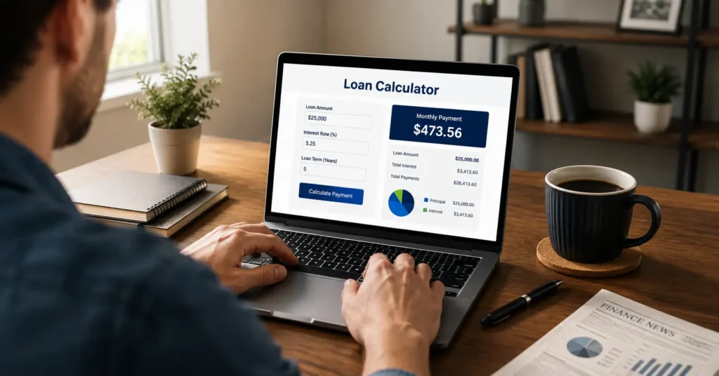 Free EMI calculator showing monthly personal loan payment breakdown for a $10,000 loan at 11% APR over 36 months