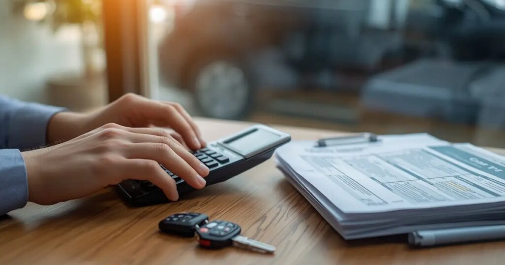 Person calculating used car loan monthly payment with calculator and paperwork