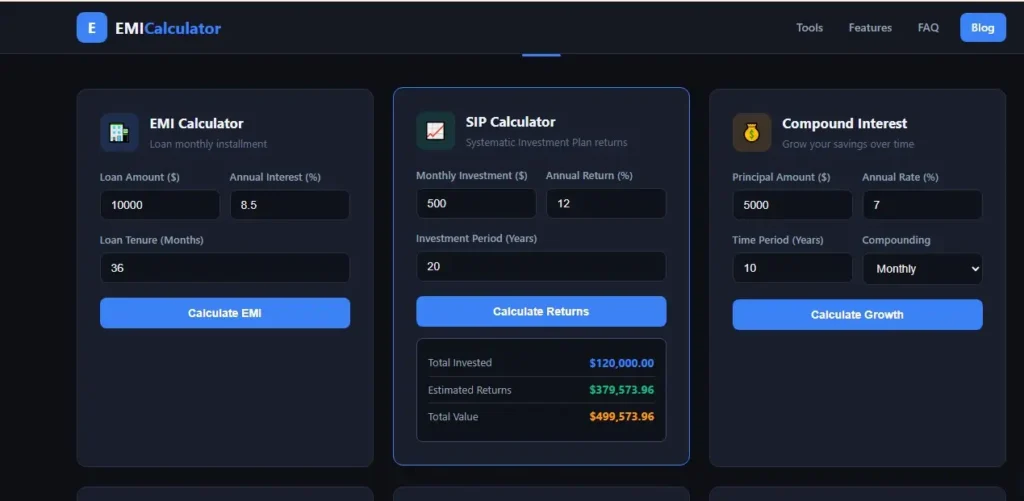 SIP Calculator interface for calculating monthly investment returns