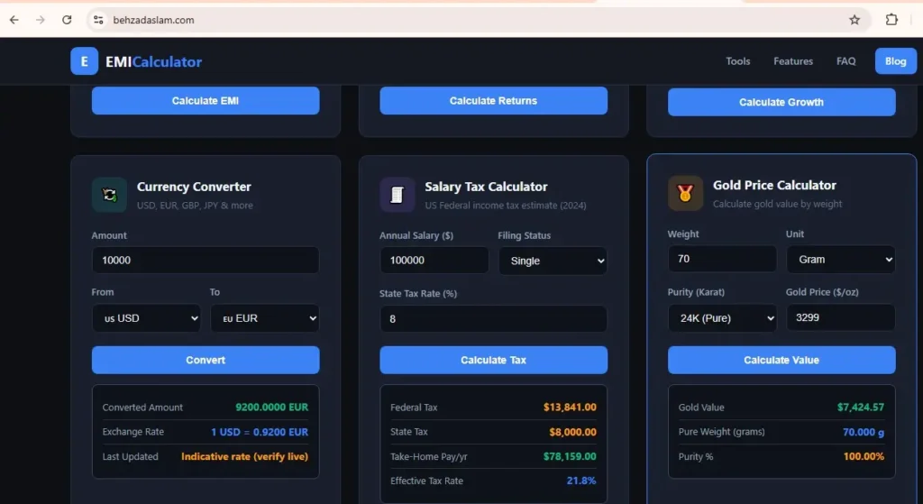 Salary Tax Calculator interface showing annual salary input, filing status selection, and estimated federal tax calculator.