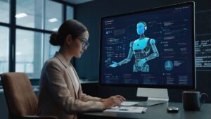 AI Tax Chatbot 2025 assisting users with smart tax filing in a modern digital office