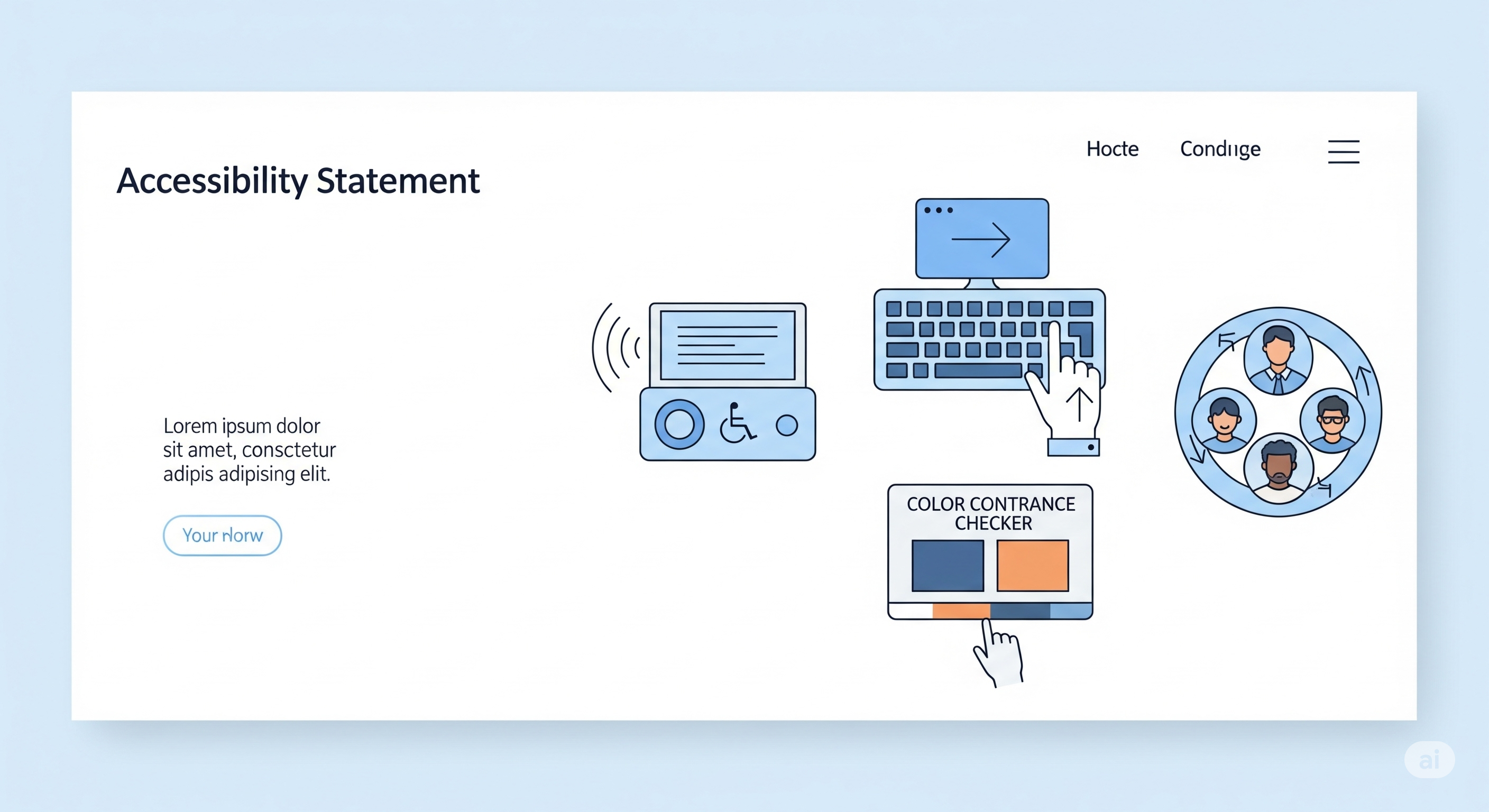 Accessibility Statement showing inclusive design with screen readers, high contrast tools, and assistive technology icons