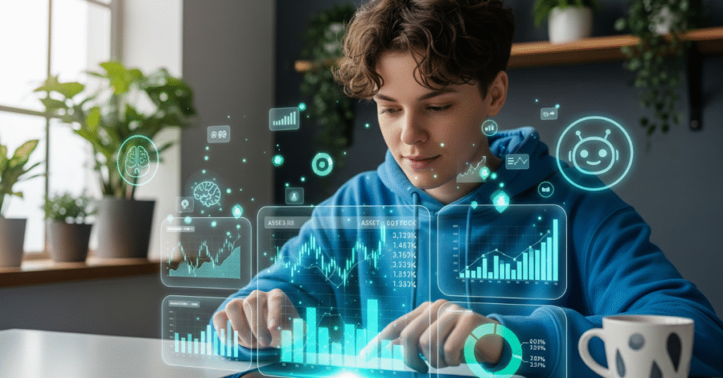 AI tools for small-budget investing: Young person managing portfolio with AI-powered tablet app in modern workspace.