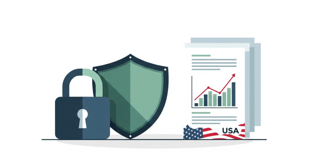 "Privacy Policy BehzadAslam.com illustrating data security with lock, shield, and USA financial report"