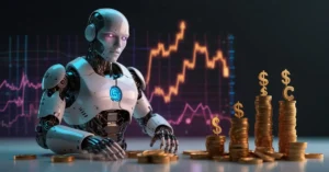 Smart AI robot comparing AI High-Yield Savings Accounts 2025 and top bank rates