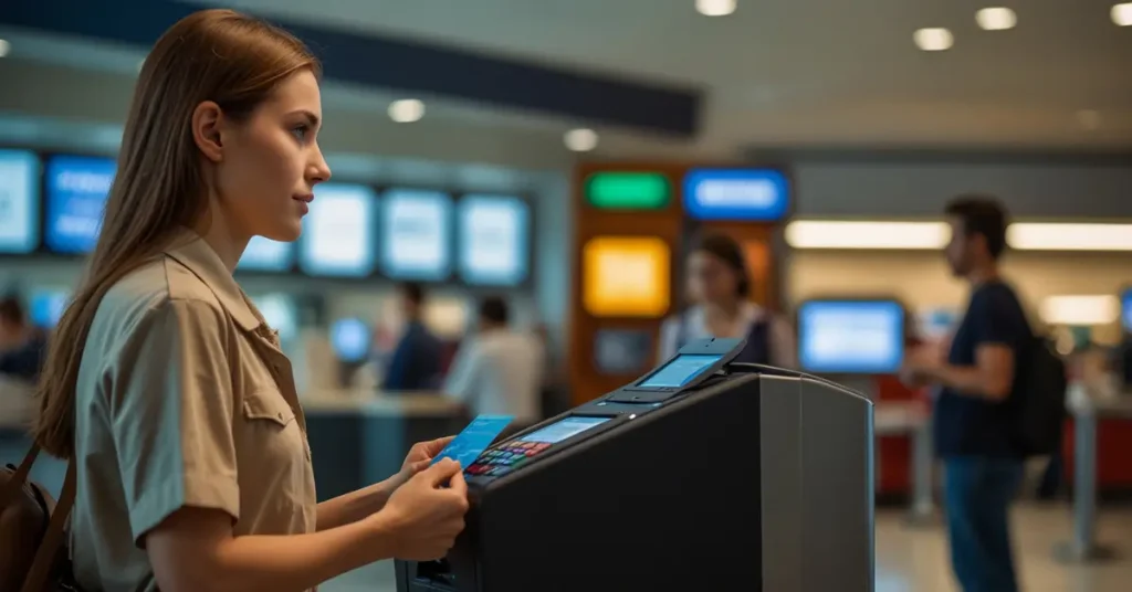 Traveler using credit cards with no foreign transaction fees at airport.
