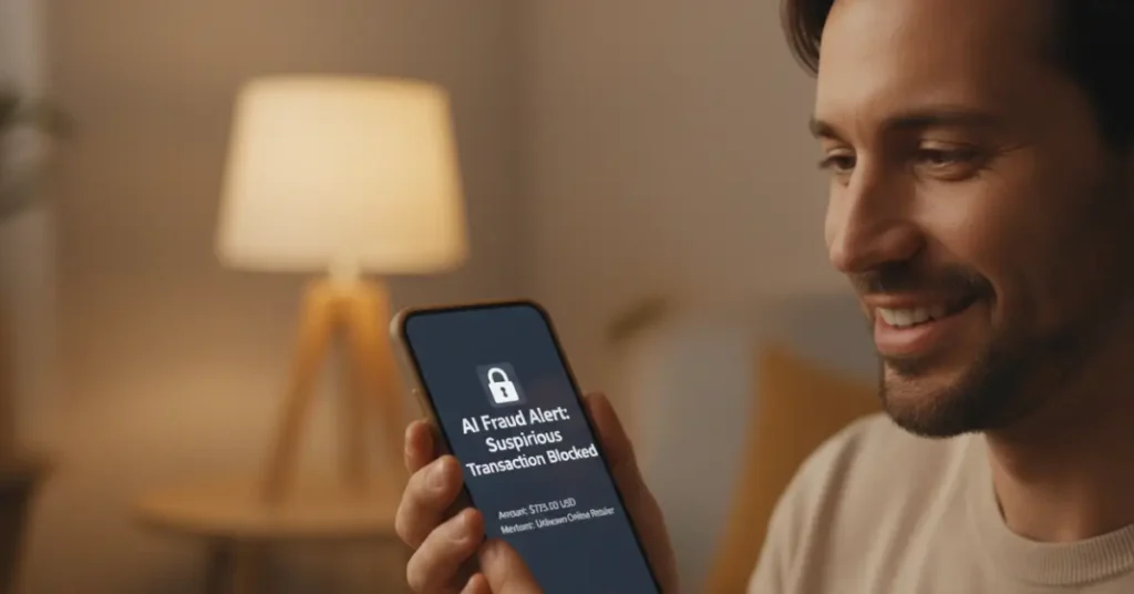 User receiving AI fraud alert notification for suspicious transaction