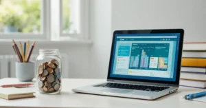Budgeting tools for students in USA on a study desk with laptop and coins