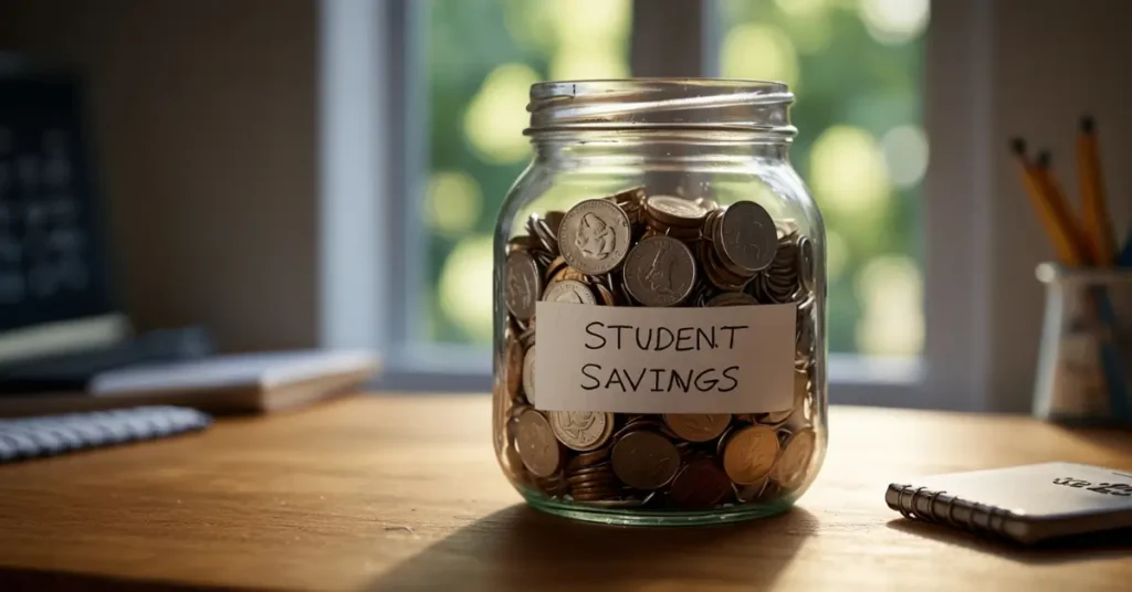 Budgeting tools for students in USA savings jar with coins and calculator