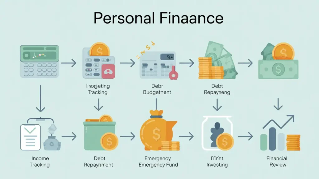 personal finance flowchart illustrating step-by-step money management decisions

