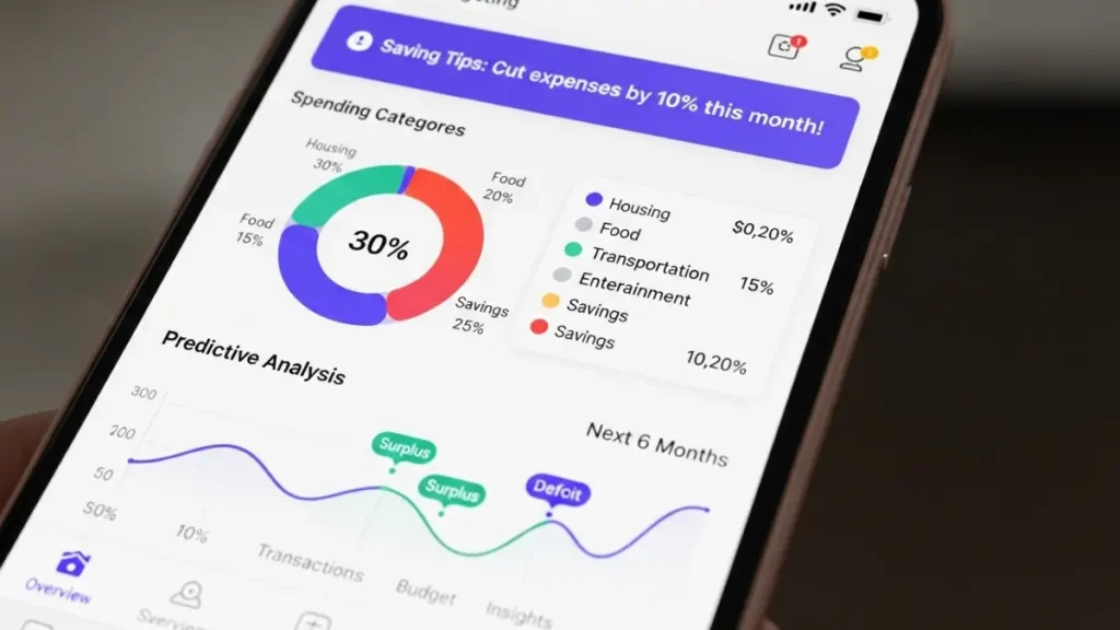 AI tools for saving money on mobile app showing predictive budgeting